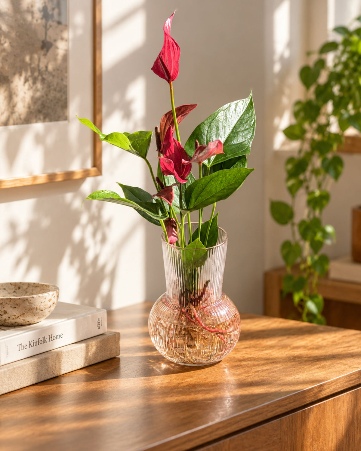 flamingoblume mit vase im set in der wohnung